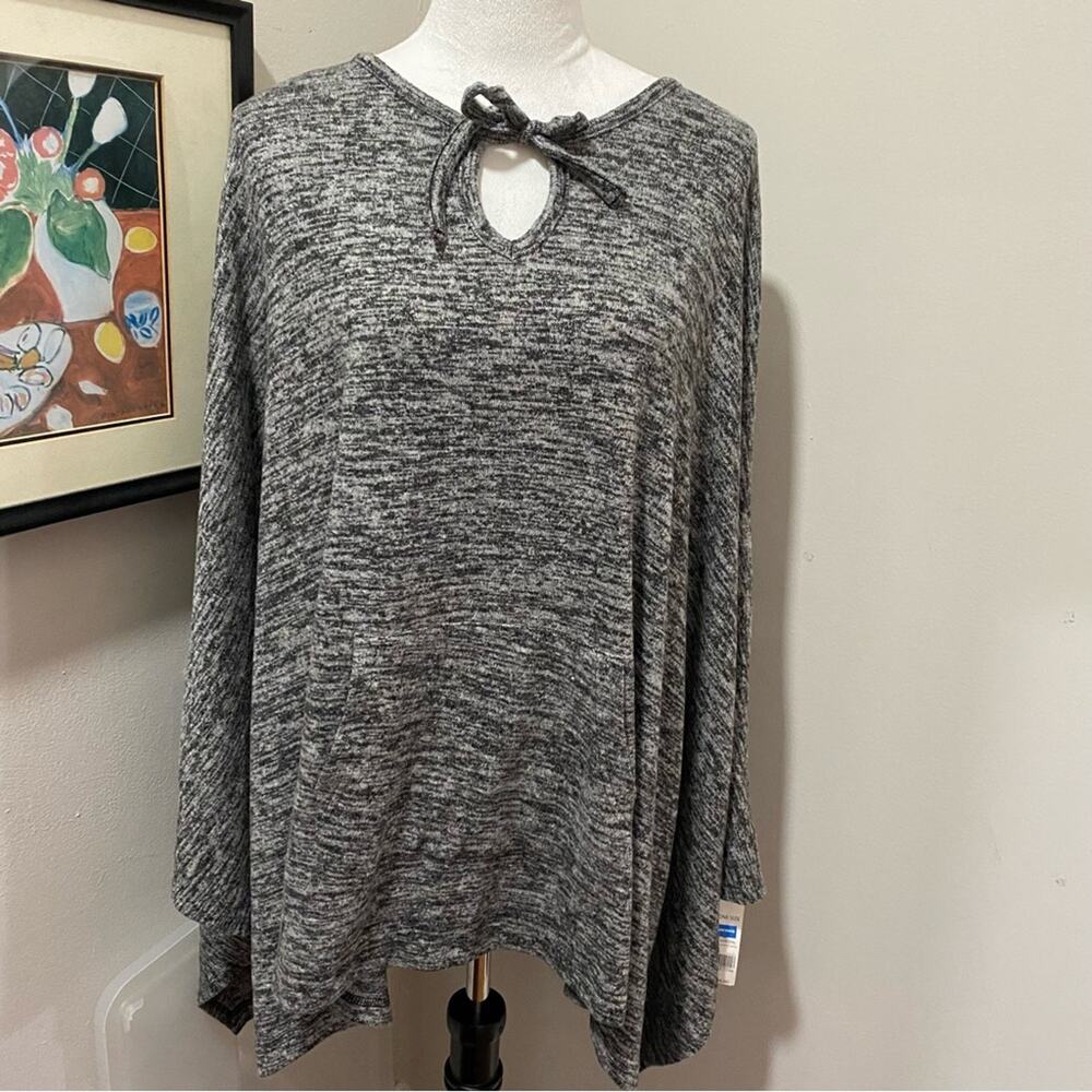 New Directions Gray Boxy Tie Front Long Sleeve Cozy Ruana / Poncho NEW WITH TAGS
